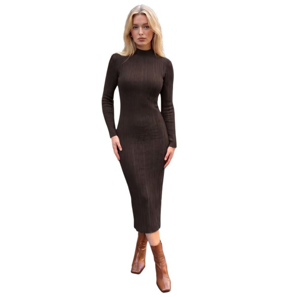 Women's Mock Neck Ribbed Knit Long Sleeve Bodycon Maxi Sweater Dress Brown